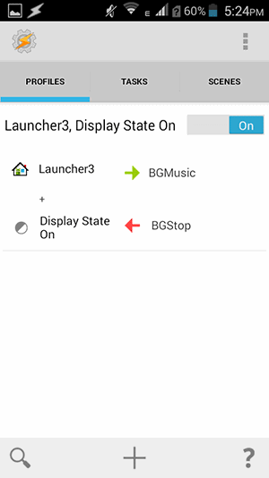 Taskerでプロファイルとタスクが設定された画面のスクリーンショット