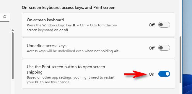 Включите опцию назначения клавиши Print Screen для открытия инструмента вырезания