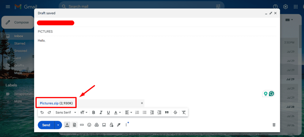 ZIP-папка прикреплена к письму