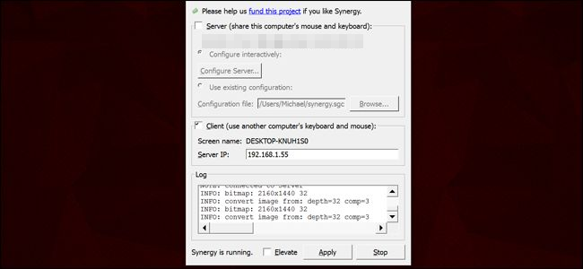 Интерфейс клиента Synergy с опцией выбора Client и полем имени компьютера