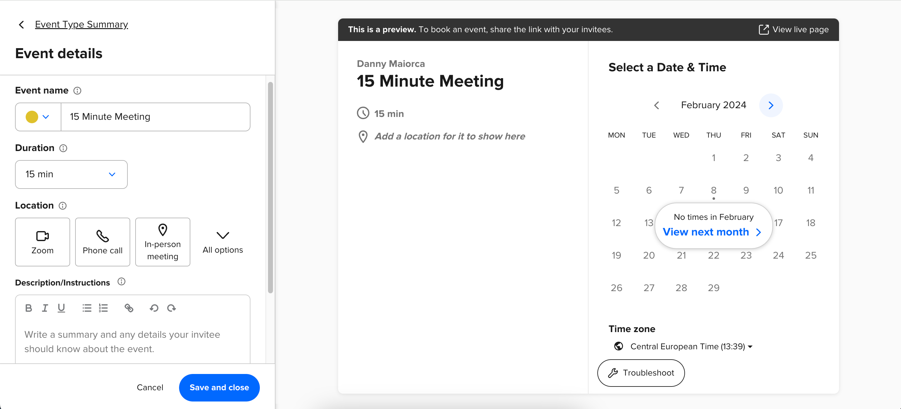 Редактирование и сохранение настроек события в Calendly