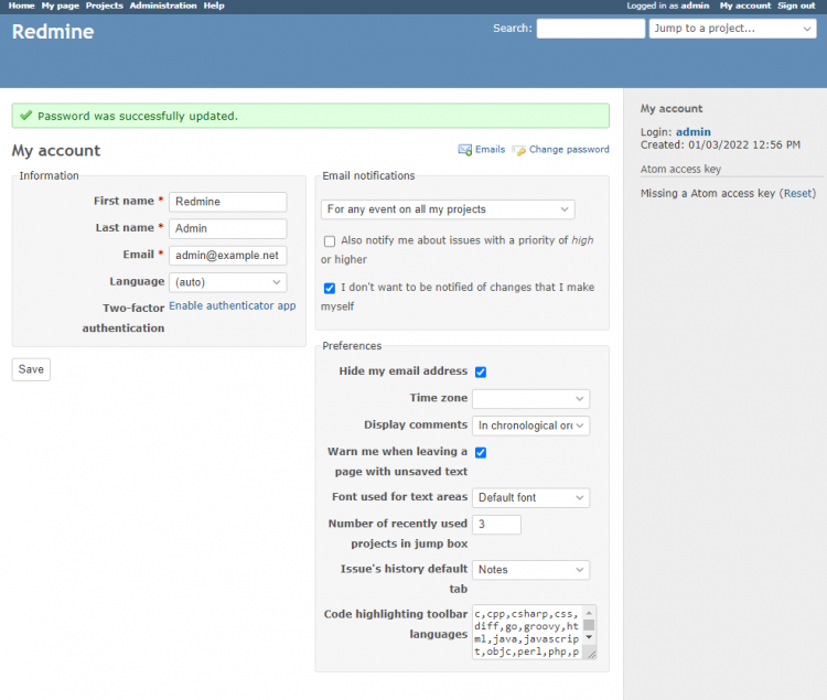 Страница «Мой аккаунт» в Redmine