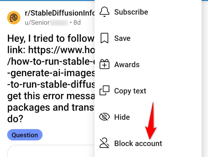 Меню блокировки аккаунта на странице пользователя.