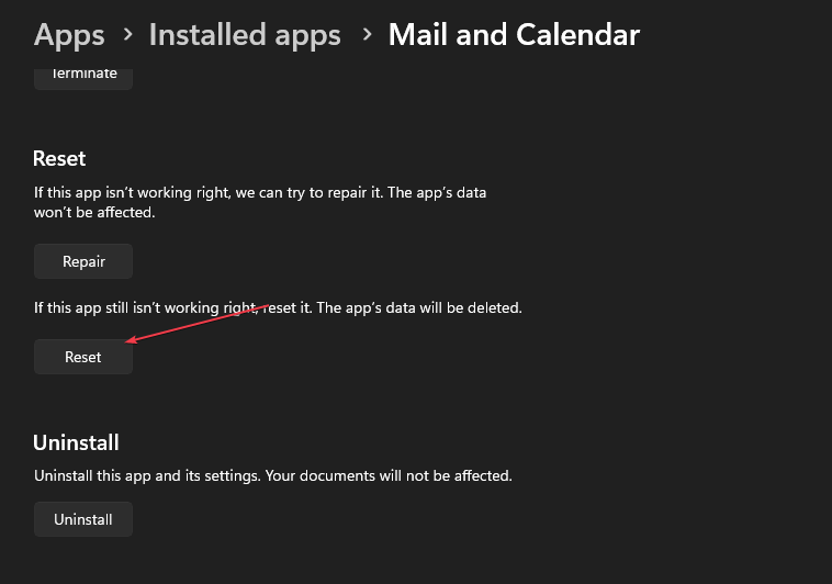 Изображение: подтверждение сброса приложения Почта