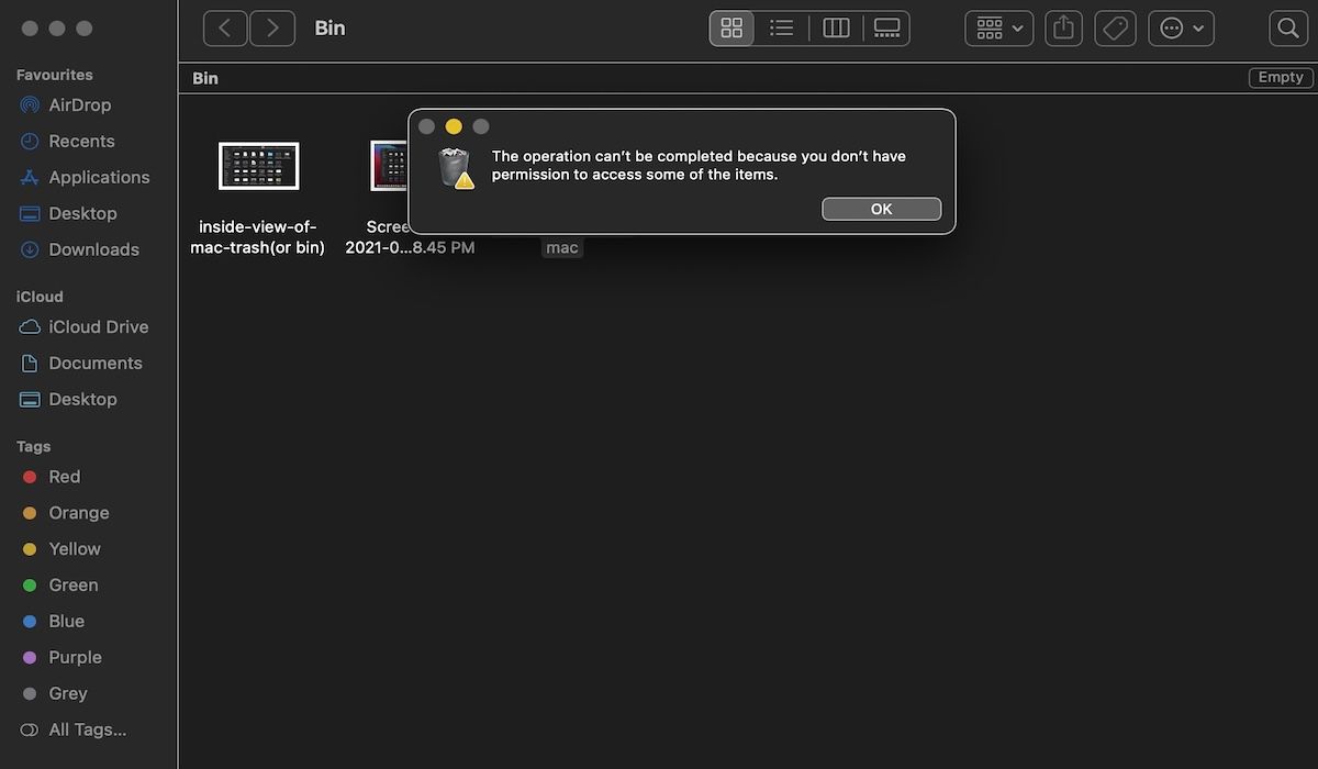 попытка удалить заблокированный файл из корзины