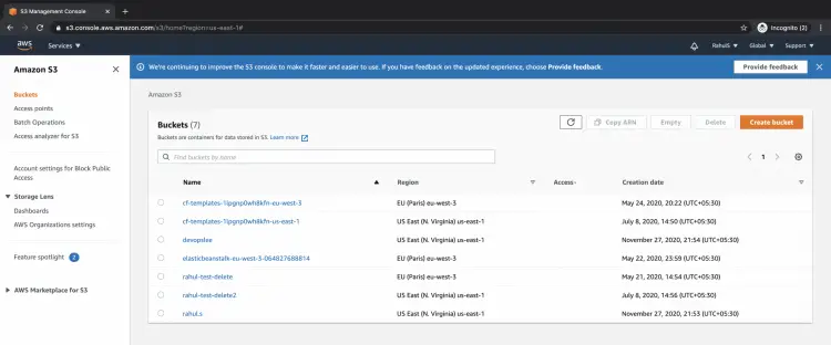 Список бакетов в консоли S3 с таблицей и фильтрами