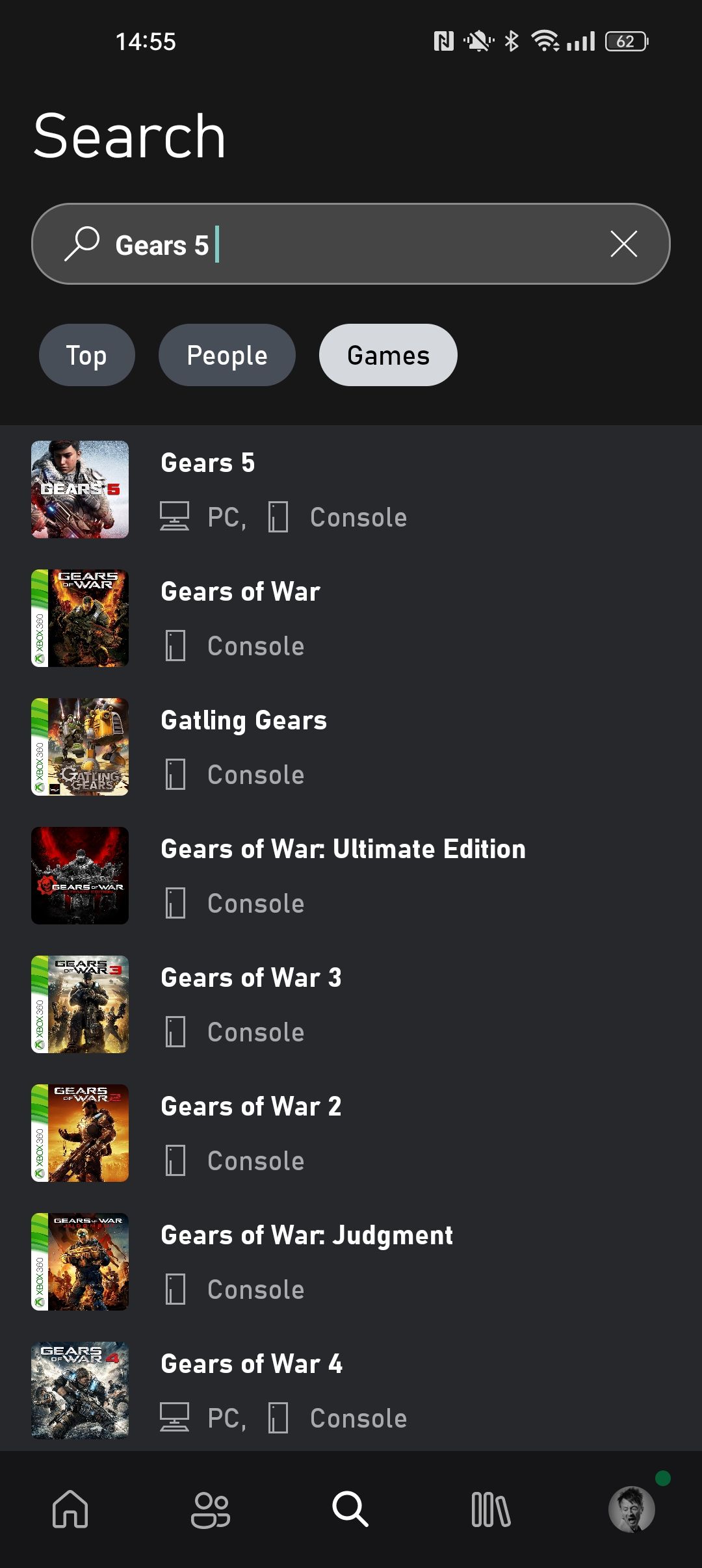 Скриншот поиска в приложении Xbox на Android с активированным фильтром Игры