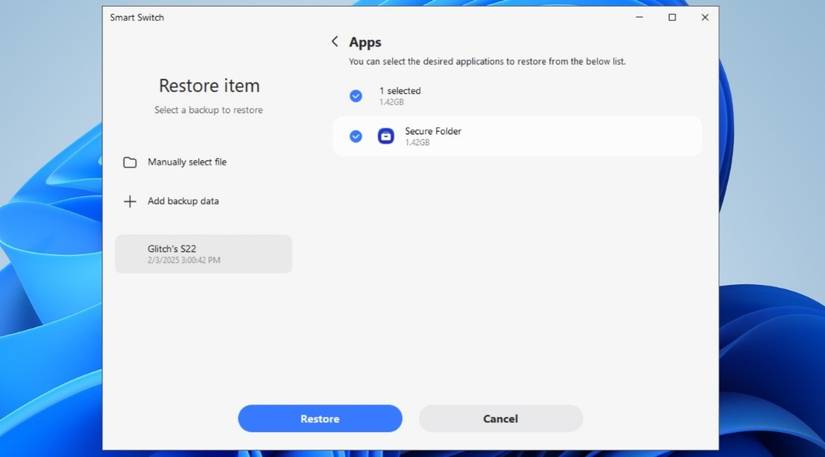 Опция восстановления данных в Smart Switch на ПК