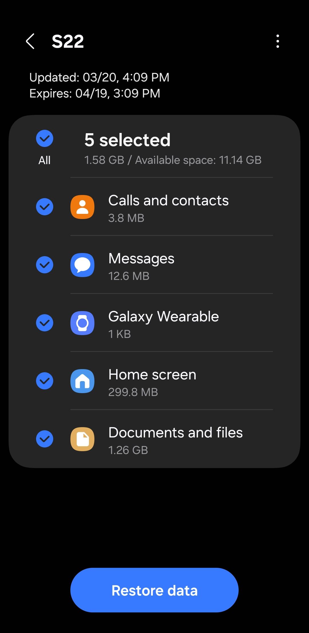Восстановление элементов резервной копии на телефоне Samsung