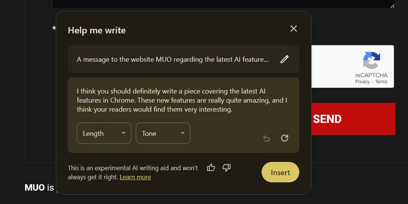 Сгенерированный текст с помощью ИИ в Chrome — параметры длины и тона