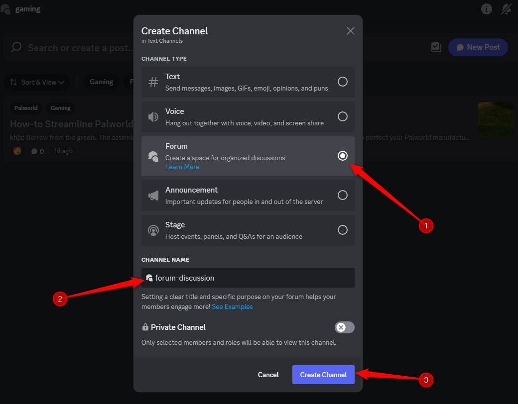 Меню 'Create Channel' в Discord с выбранным 'Forum', заполненным именем канала и выделенной кнопкой 'Create Channel'