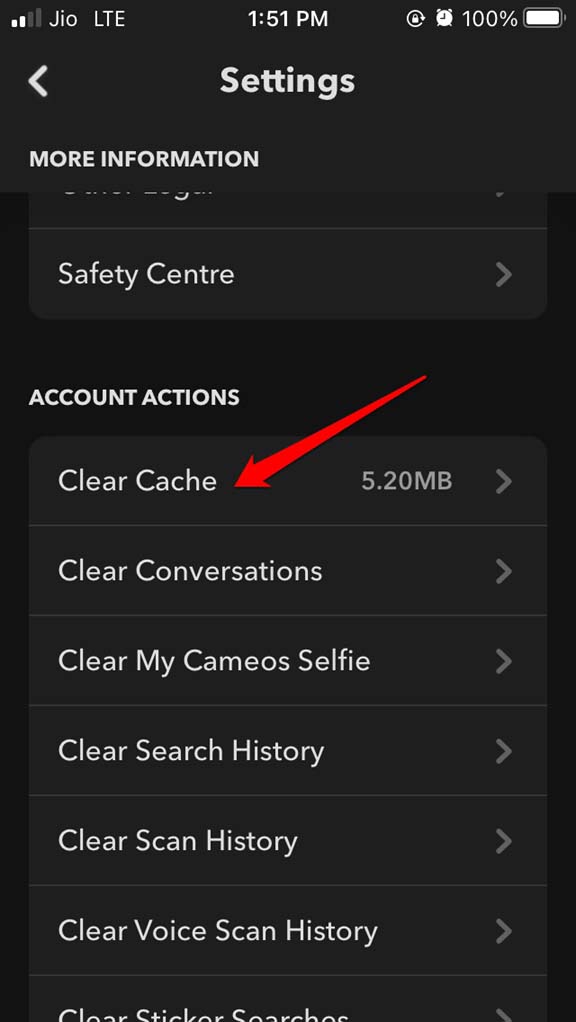 Snapchatでキャッシュ削除を確認する画面