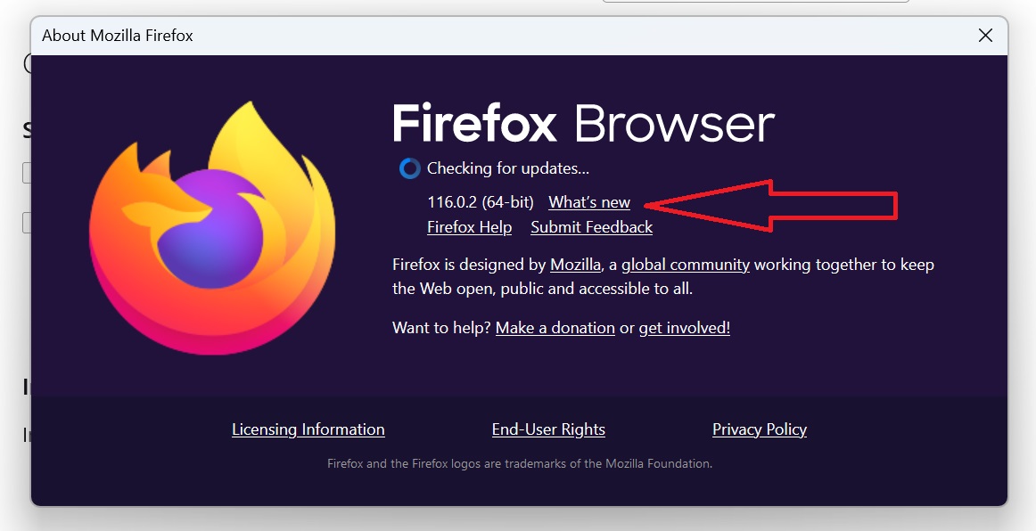 Окно «О Firefox» с информацией о версии и разрядности