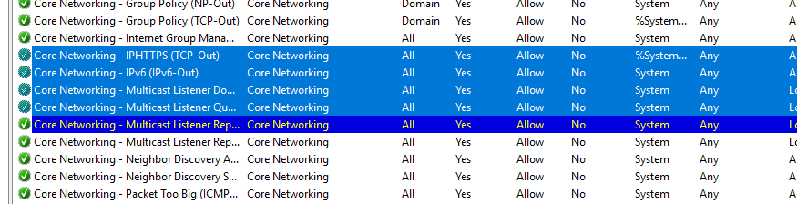Выделение нескольких правил в списке брандмауэра