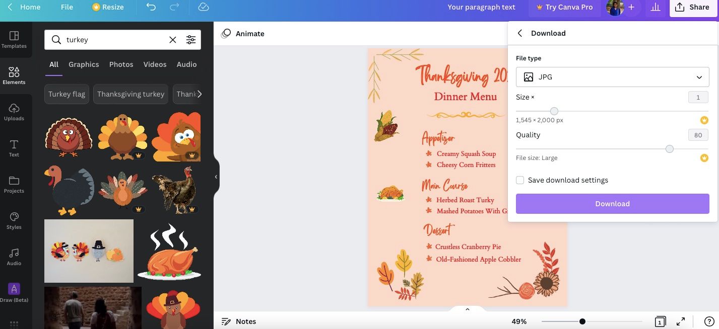Панель «Поделиться» и настройки загрузки в Canva