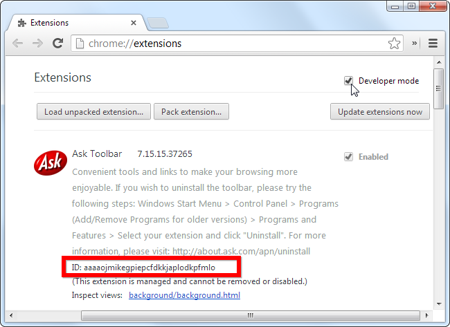 ID расширения на странице chrome://extensions