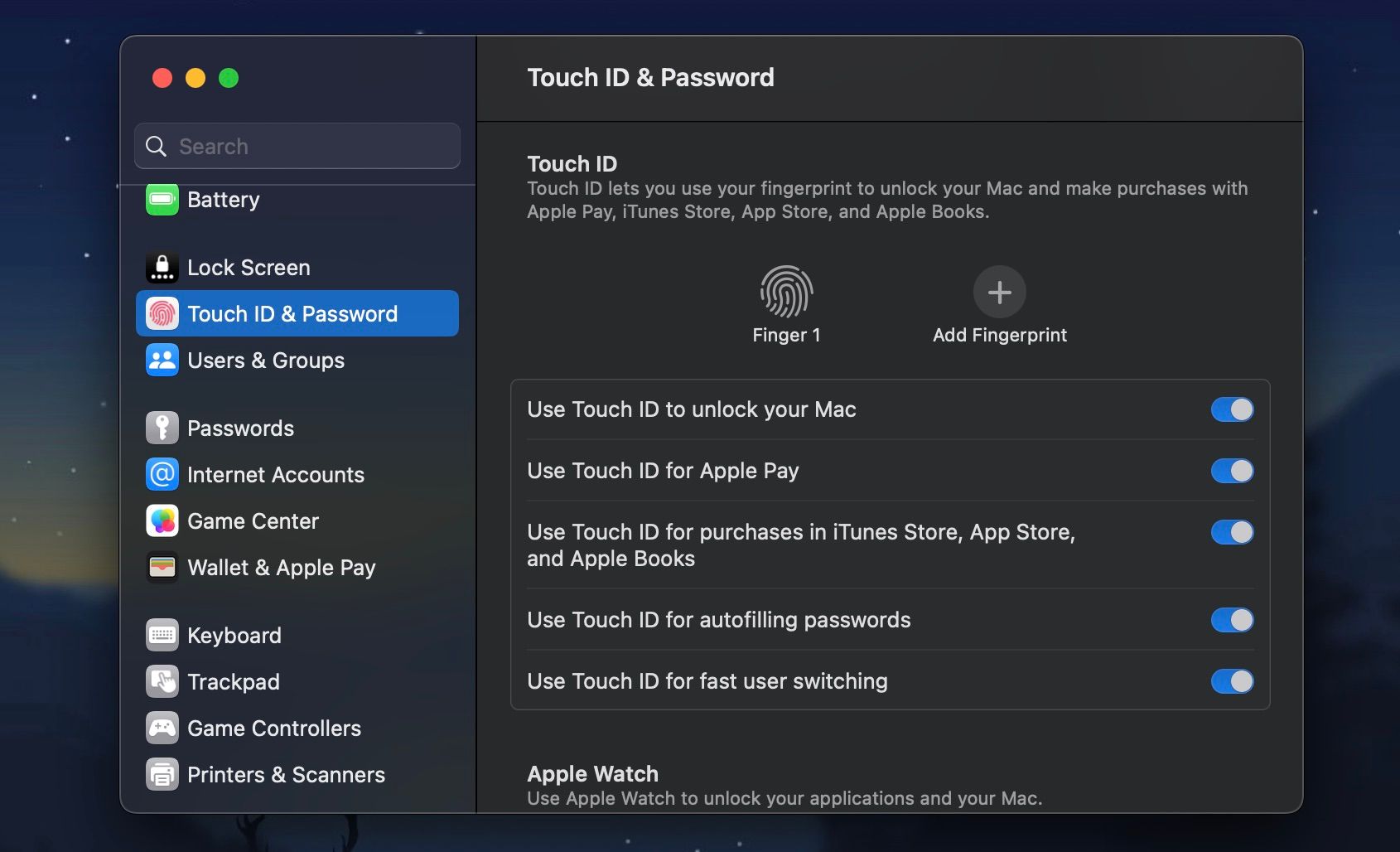 Панель Touch ID и пароль с зарегистрированным отпечатком в Системных настройках macOS