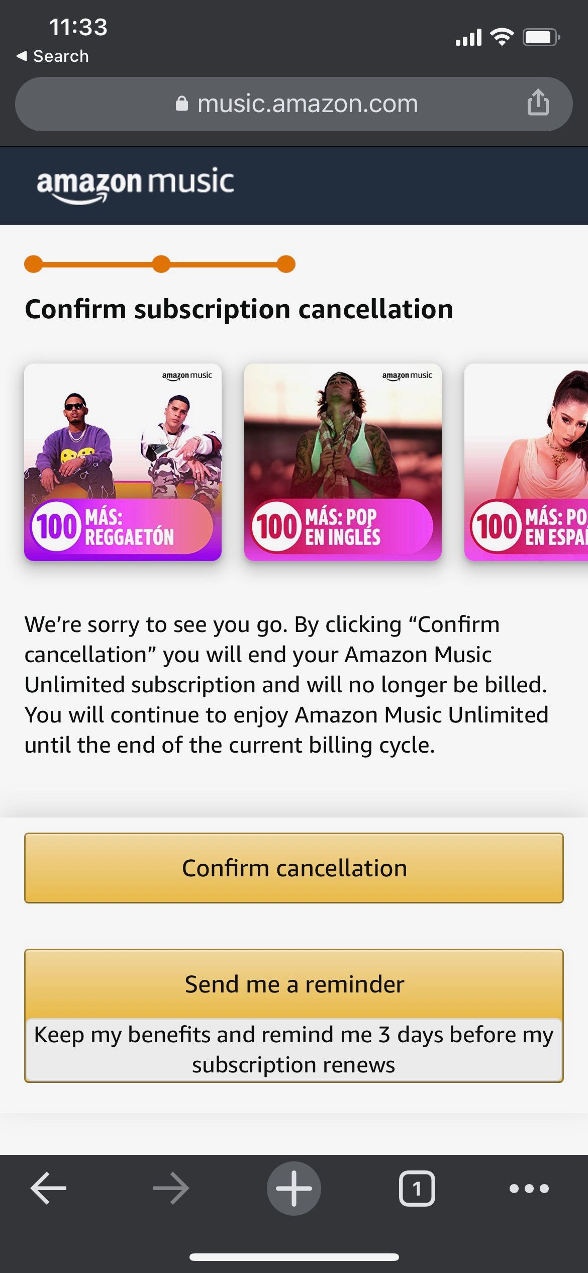Подтверждение отмены Amazon Music Unlimited на сайте Amazon