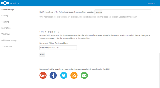 Настройки интеграции ONLYOFFICE в админке Nextcloud: поле URL