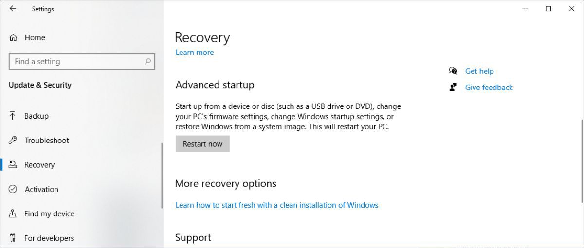 Параметры восстановления Windows