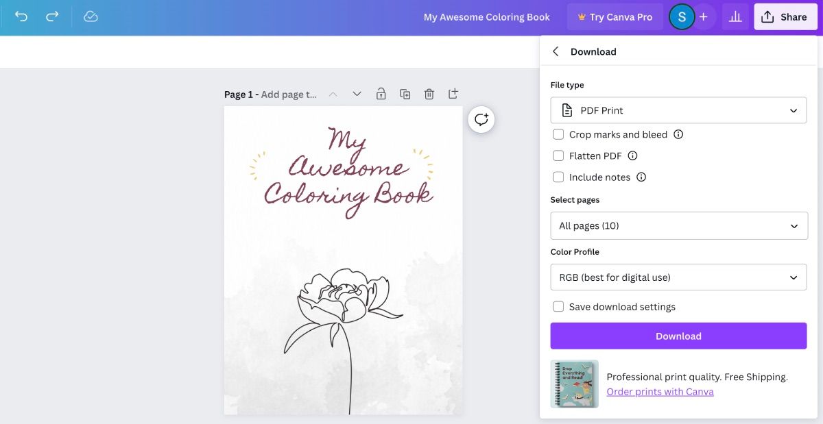 Canva coloring book downloading document