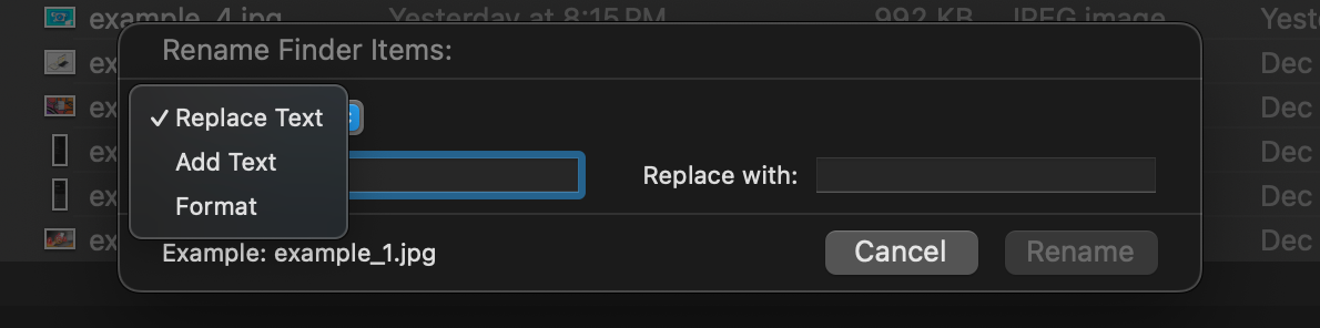 Скриншот функций пакетного переименования в macOS Finder.