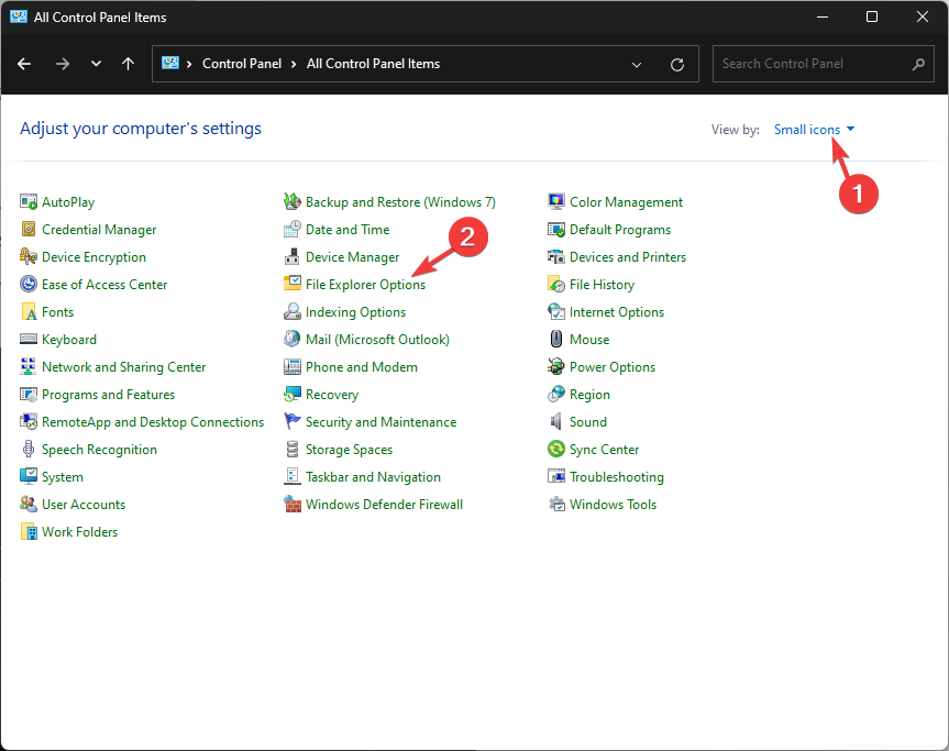 Параметры отображения: выбор «Мелкие значки» и переход к параметрам Проводника
