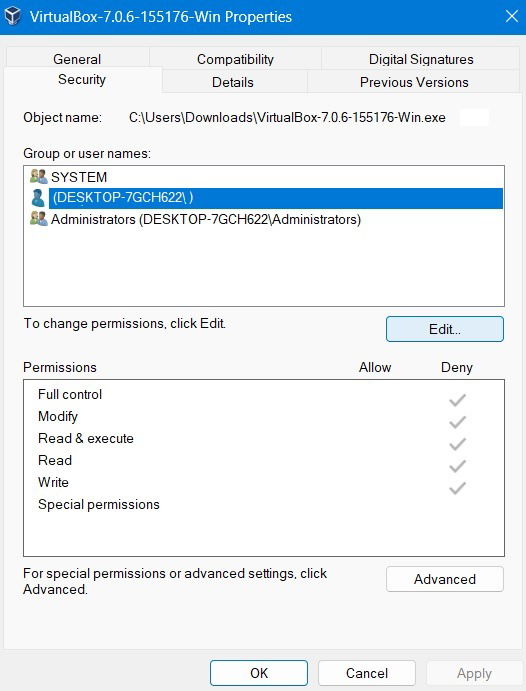 Изменение разрешений для учётной записи в свойствах файла.