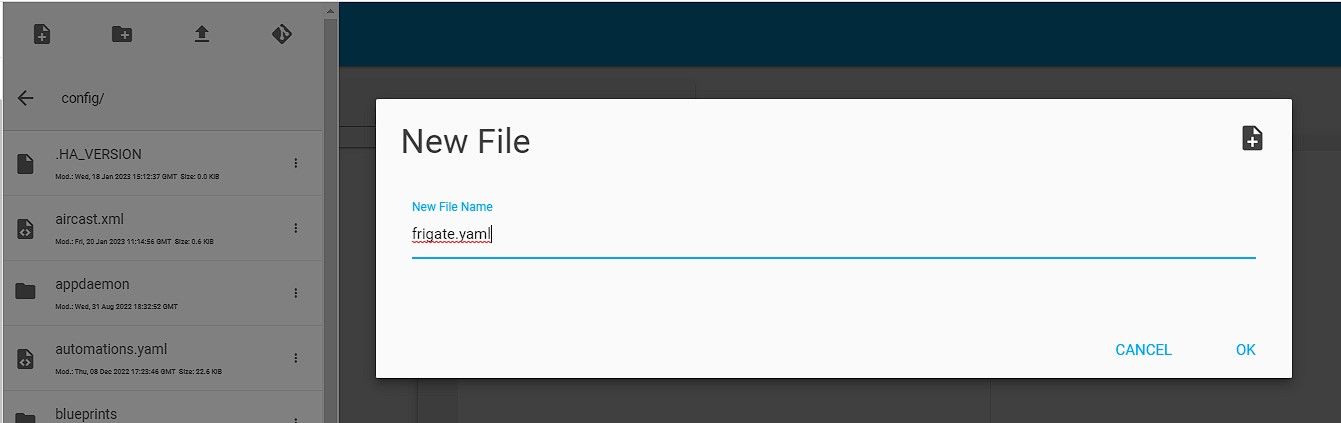 создать файл frigate.yaml в редакторе