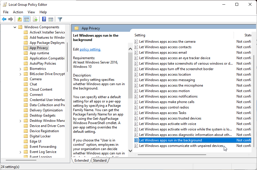 Политика «Разрешить приложениям работать в фоновом режиме» в Редакторе локальной групповой политики