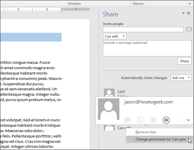 Изменение прав доступа у участника совместной работы