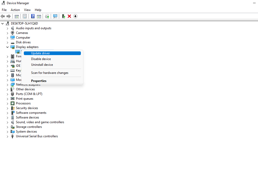 Обновление драйвера дисплея через Device Manager