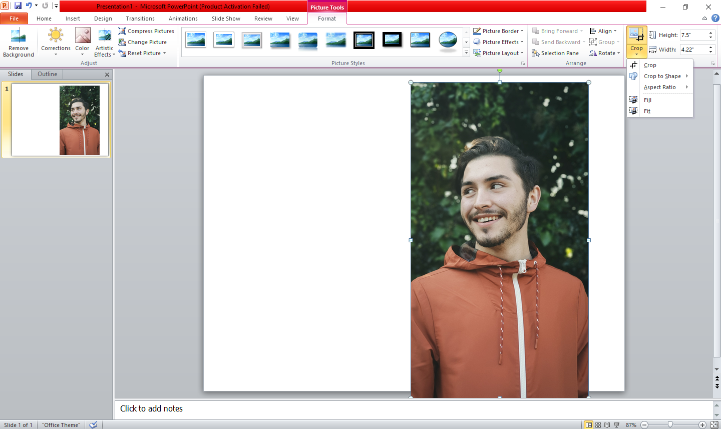 Меню обрезки в формате