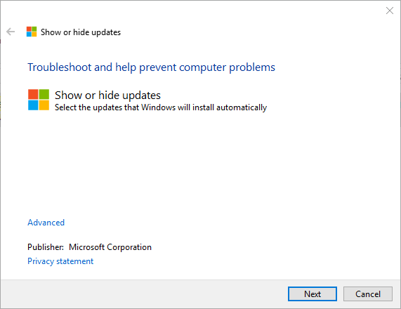 Окно утилиты Show or hide updates для скрытия обновлений