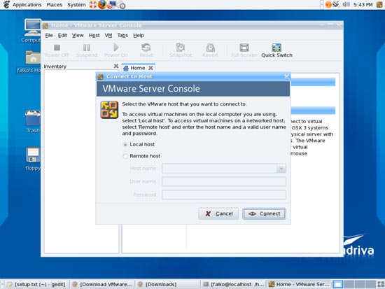 Окно подключения VMware Server: выбор Local host
