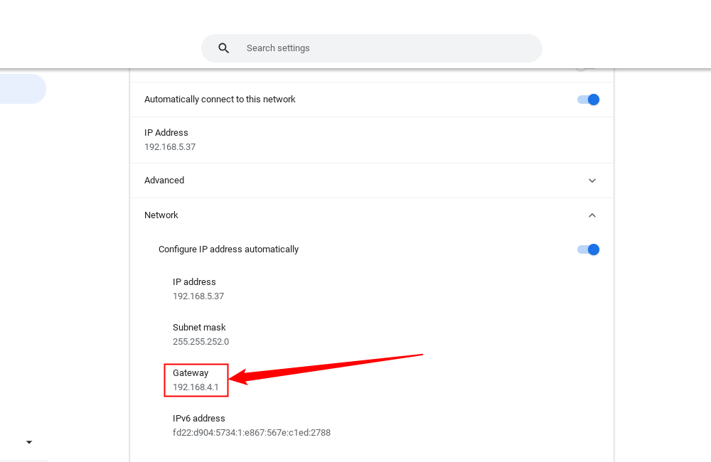 Окно информации о сети в ChromeOS с полем Gateway и IP-адресом