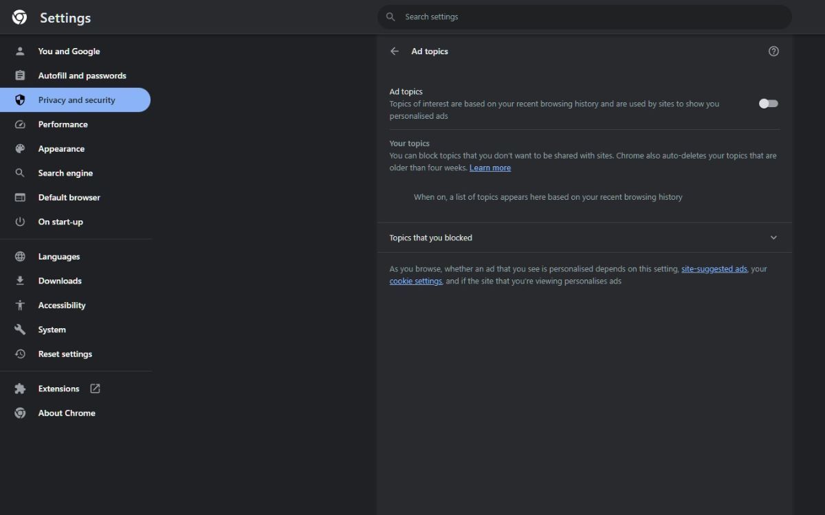 Страница Рекламные темы в настройках Chrome
