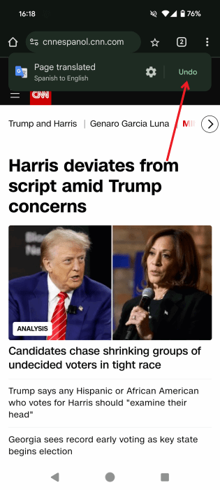 Нажмите кнопку Отменить на панели перевода в Chrome для Android