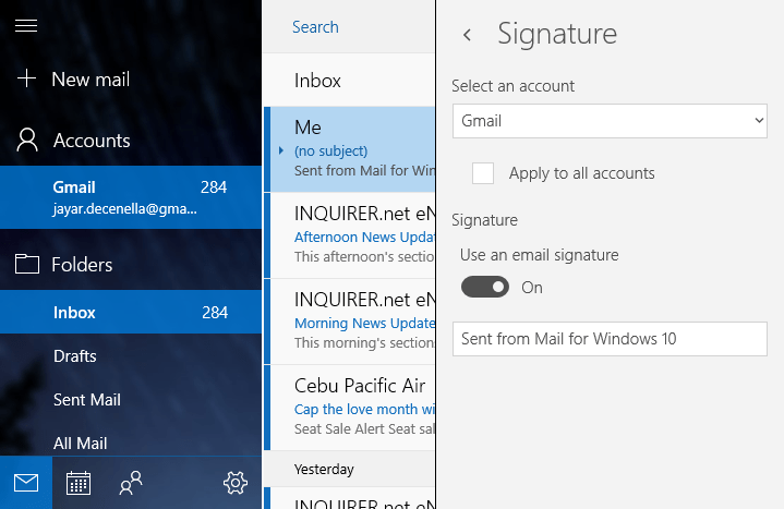 Скриншот раздела Подпись в параметрах приложения Почта Windows 10