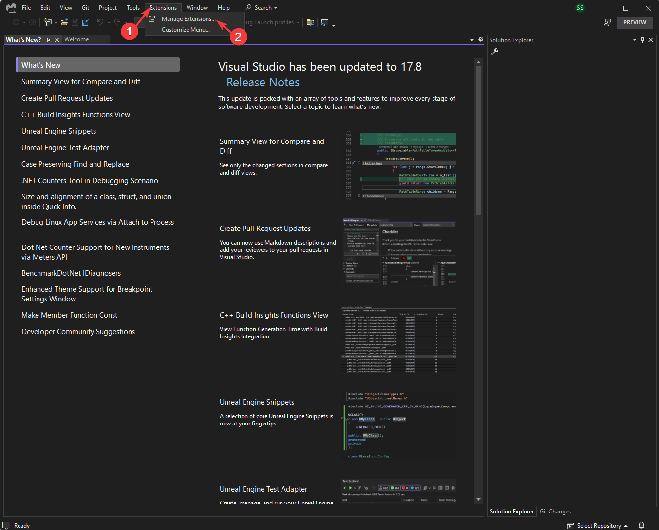Меню Extensions в Visual Studio, пункт Manage Extensions