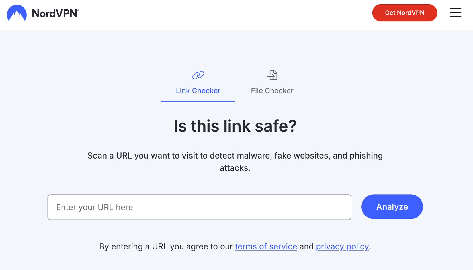 инструмент проверки URL от NordVPN, интерфейс с результатом анализа.