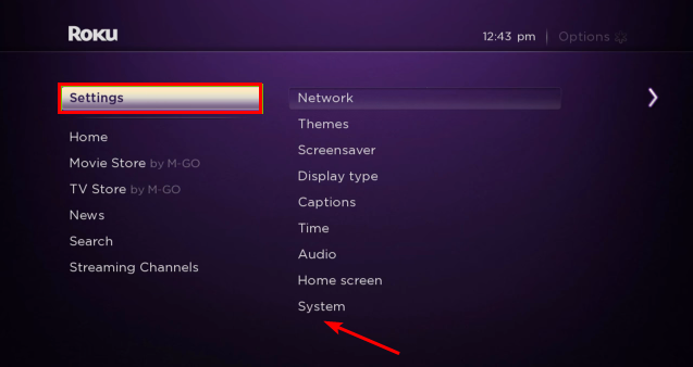 Экран Roku: раздел Система