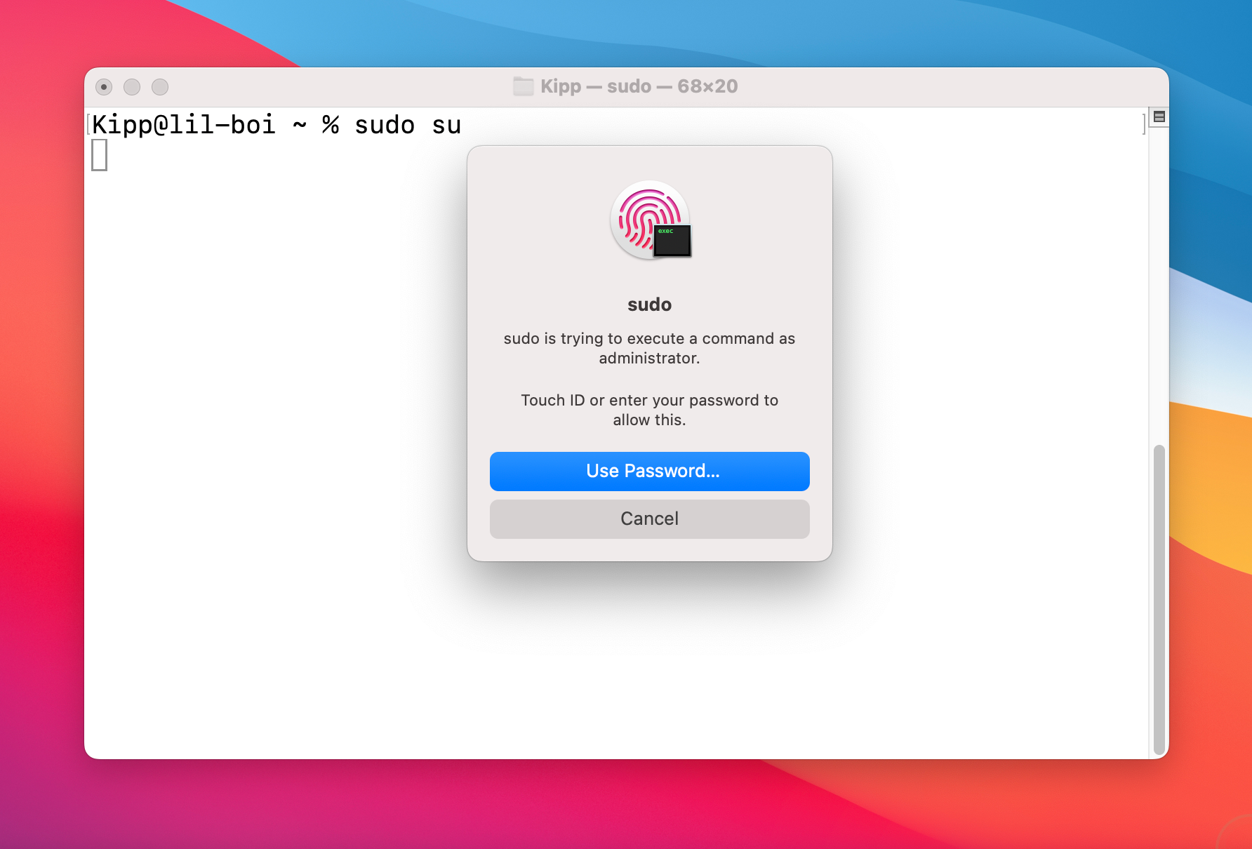 Terminal запрашивает аутентификацию отпечатком.