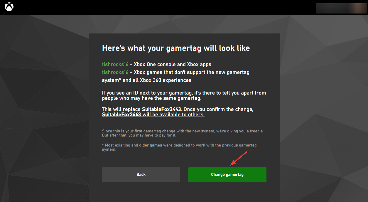 Кнопка 'Change gamertag' на сайте Xbox
