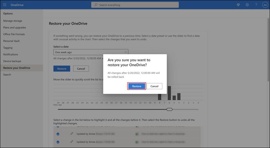 Подтверждение восстановления OneDrive