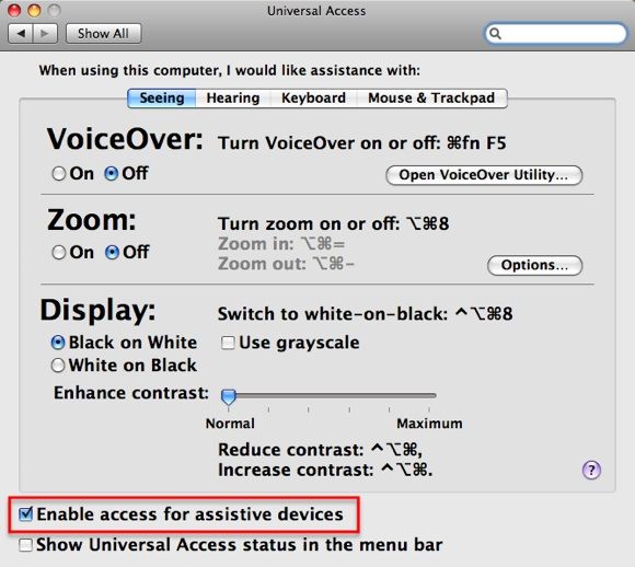 Включение доступа для вспомогательных устройств в macOS
