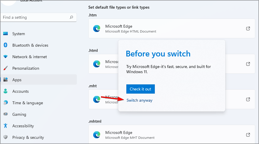 подтверждение переключения приложения по умолчанию