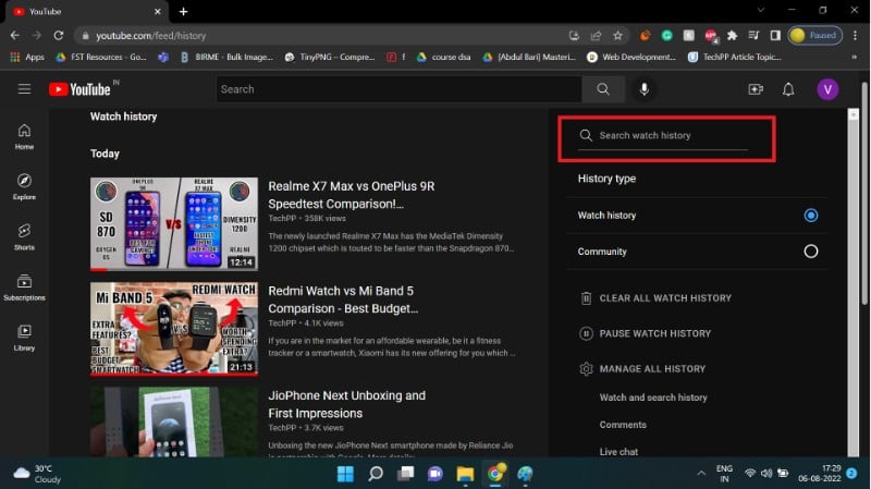 Скриншот: поиск по истории просмотров на сайте YouTube