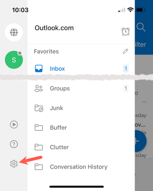 Иконка шестерёнки для доступа к настройкам Outlook на мобильном