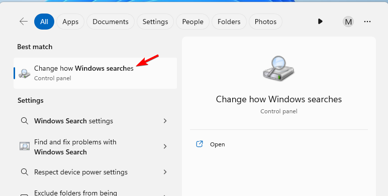Окно поиска Windows для доступа к параметрам индексирования